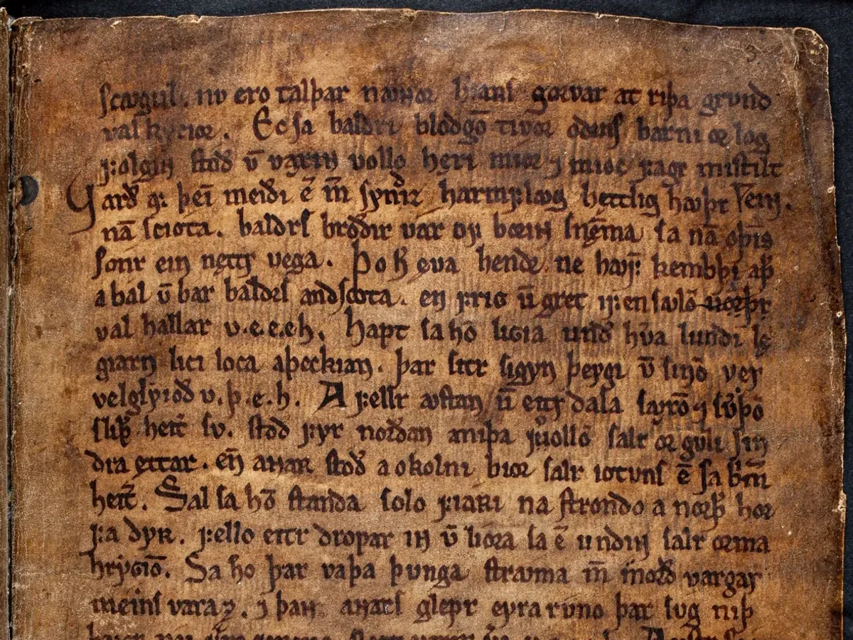 Old Norse vellum manuscript leaf darkened to deep brown, its script barely separable from the parchment